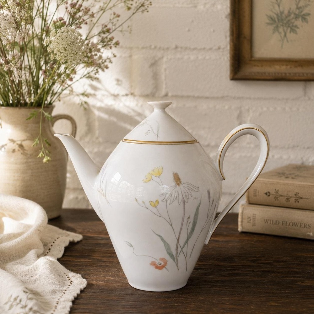 Vintage Heinrich Selb Bavaria Teapot - Wildflower Gold Trim - German Porcelain